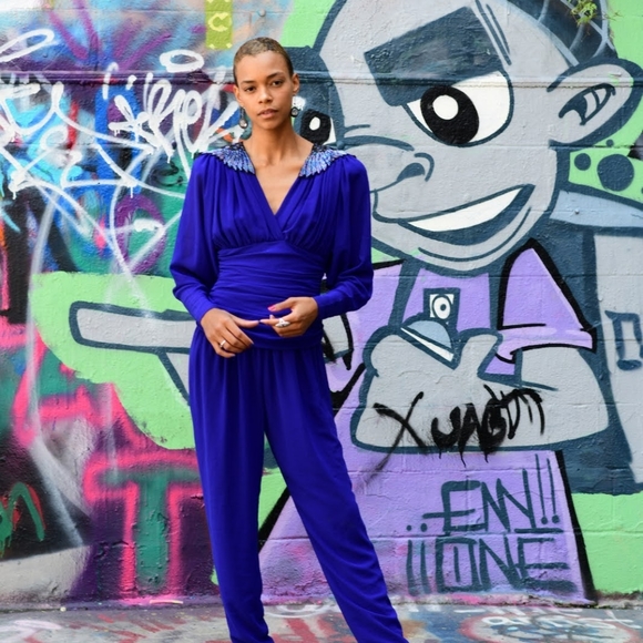 80s blue chiffon jumpsuit with beaded shoulders - Picture 8 of 8